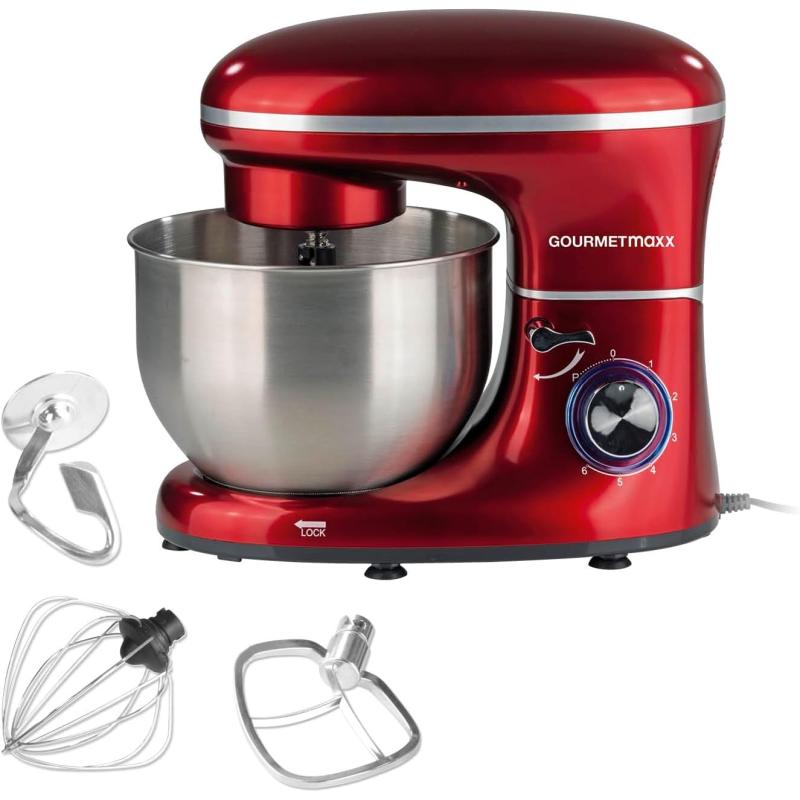 GOURMETmaxx Küchenmaschine mit Knet- und Rührfunktion, Inkl. Rühraufsatz, Knethaken & Schneebesen 1.500 Watt ROT