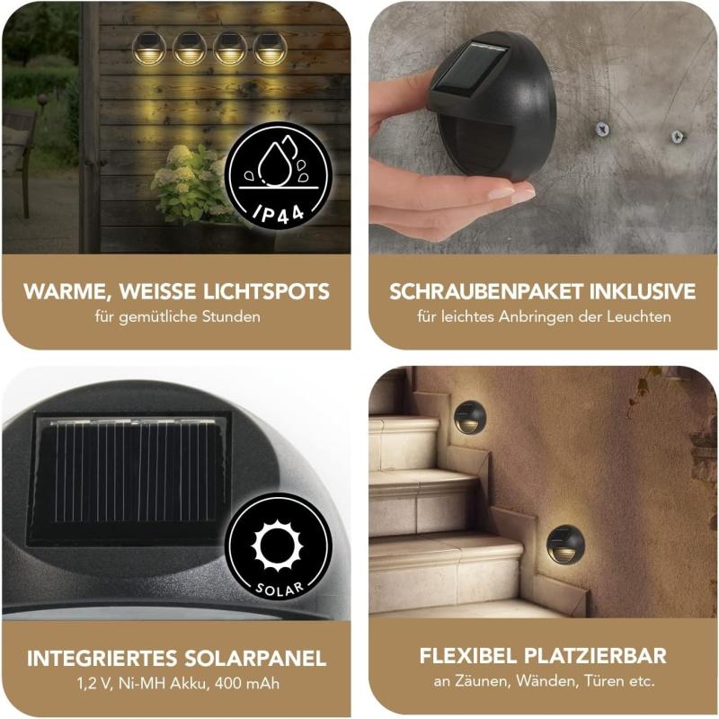 MAXXMEE 4 Solar-Outdoor-Leuchten IP44 | 4 warme, weiße Leuchten für Zäune, Wände, Türen