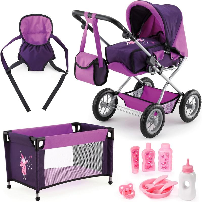 Bayer Design 15012B - Kombi-Puppenwagen Grande Mega-Set mit Reisebett und viel Zubehör, lila, 46cm-75cm