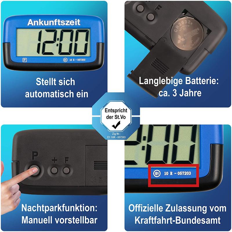 Needit Park Micro elektronische Parkscheibe mit Zulassung I Digitale Parkuhr Mikro blau mit Batterie u. Montage Zubehör 