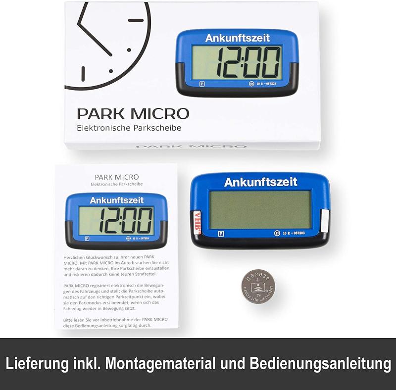 Needit Park Micro elektronische Parkscheibe mit Zulassung I Digitale Parkuhr Mikro blau mit Batterie u. Montage Zubehör 
