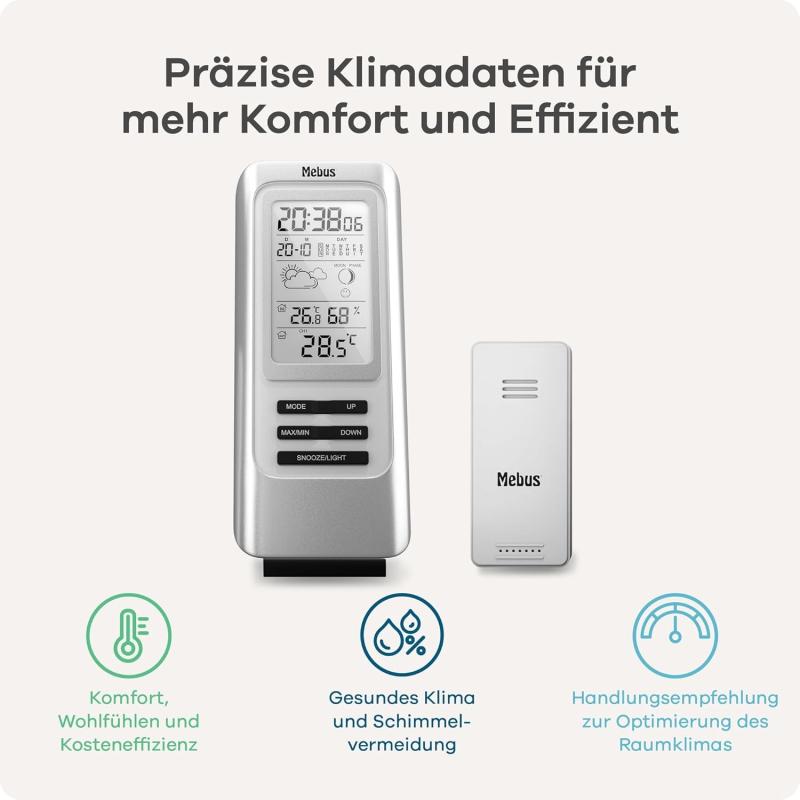 Mebus Funk-Wetterstation mit Außensensor, Thermometer/Hygrometer, Wohlfühlindikator Raumklima, Wettervorhersage mit Symbolen, Farbe: SILBER