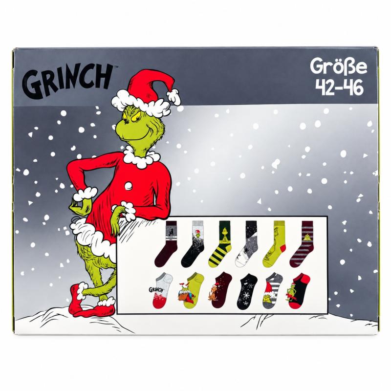 The GRINCH - HERREN Adventskalender 12 Paar Socken 42-46 ( 6 Paar Socken & 6 Paar Sneaker ) Style - GRAU - VERPACKUNGSSCHADEN