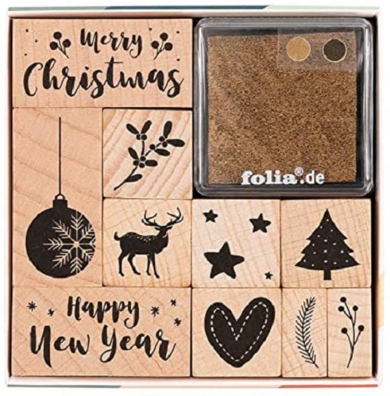 folia 31108 - Holzstempelset Christmas, inklusive 10 Holzstempel und 2 Stempelkissen