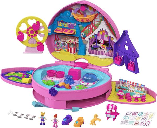 Polly Pocket GKL60 - Polly Pocket „Klein – ganz groß“ Freizeitpark Rucksack mit verstellbaren Trägern, 2 kleinen Puppen, einem Eiswagen und Fahrgeschäften