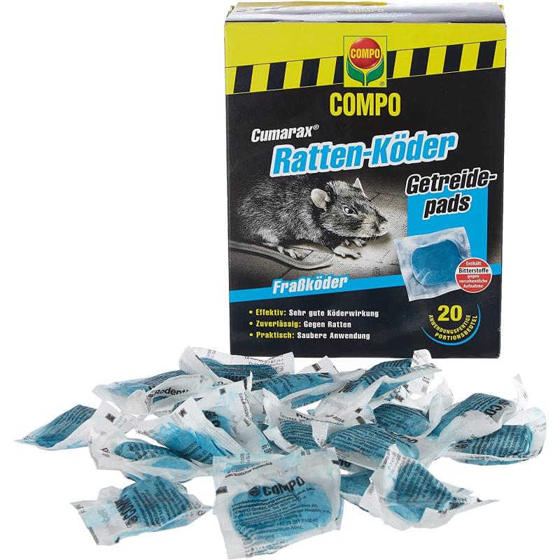 Compo Cumarax Ratten-Köder, Getreidepads, Fraßköder für Köderboxen, 20 Beutel (200 g)