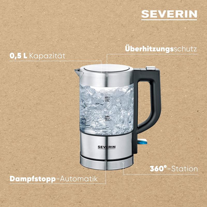 SEVERIN Mini Glas Wasserkocher 0,5L, Edelstahl-gebürstet, max. 1100 W, schwarz, WK 3499 REAL + OTTO