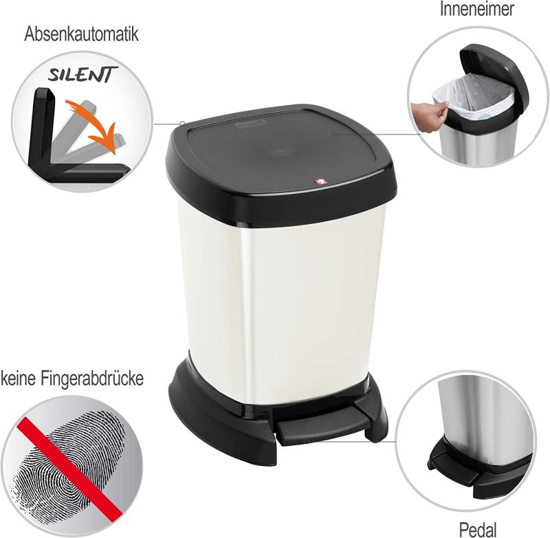 Rotho Paso Mülleimer 6l für das Bad, Kunststoff (PP) BPA-frei, weiss silber metallic, 6l (23,4 x 21,9 x 29,2 cm)