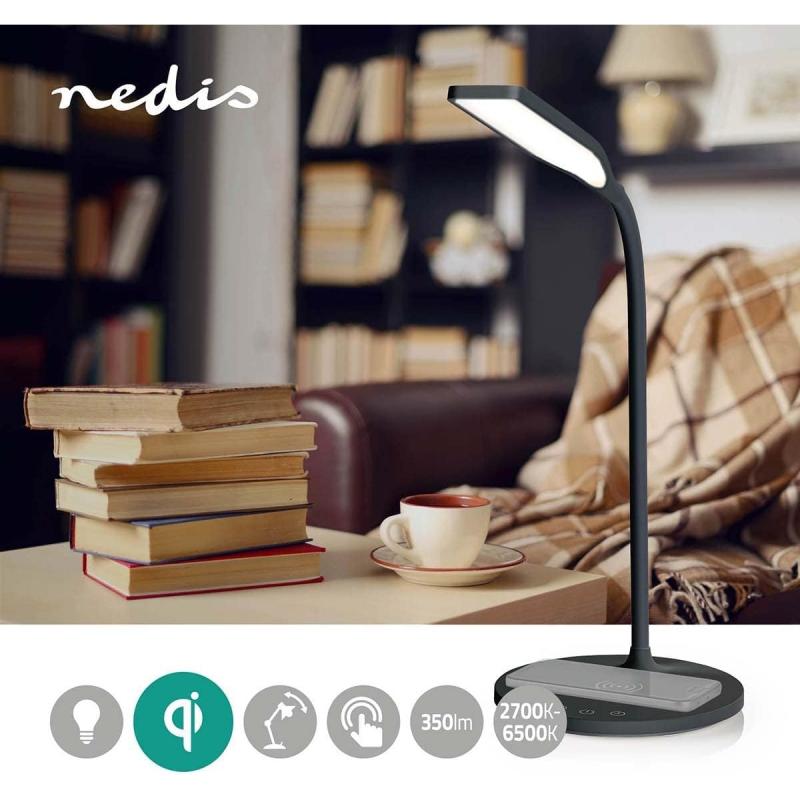 nedis LED/Qi Tischlampe mit Kabelloser 10-Watt-Qi-Ladefunktion für Smartphones SCHWARZ