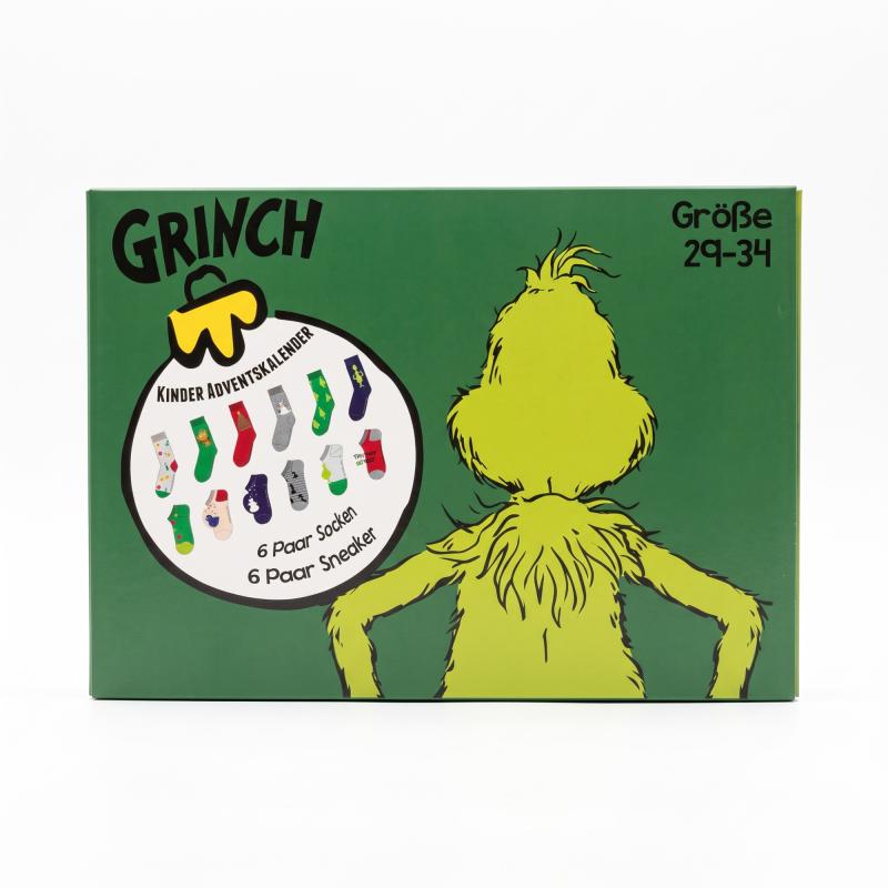 The GRINCH - KINDER Adventskalender 12 Paar Socken 29-34 ( 6 Paar Socken & 6 Paar Sneaker ) Style - GRÜN - VERPACKUNGSSCHADEN