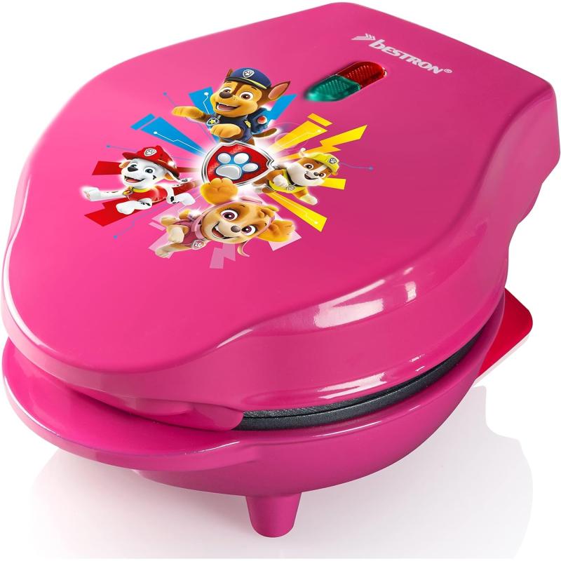 BESTRON Mini-Waffeleisen im einzigartigen Paw Patrol Design, inkl. Backampel, Waffelgröße: Ø 10cm, Farbe: ROSA