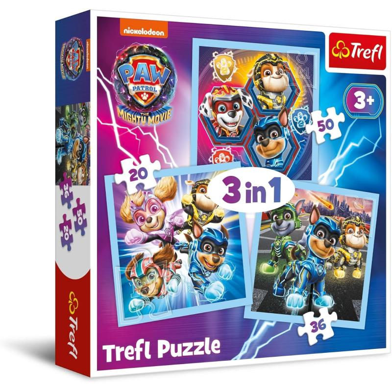 Trefl 34869 -  3in1 Puzzle, PAW PATROL Mighty Movie, von 20 bis 50 Teilen, 3 Sets