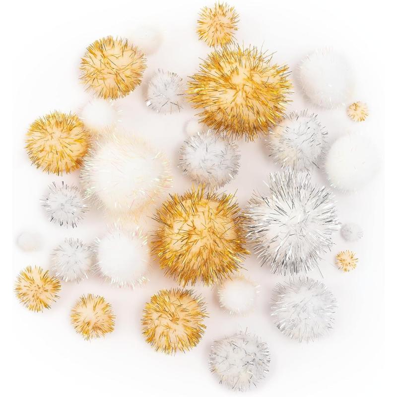 folia 50313 - Pompons "Glitter X-Mas", 30 flauschige Bällchen sortiert in verschiedenen Größen und Farben, ideal für farbenfrohe Bastelarbeiten