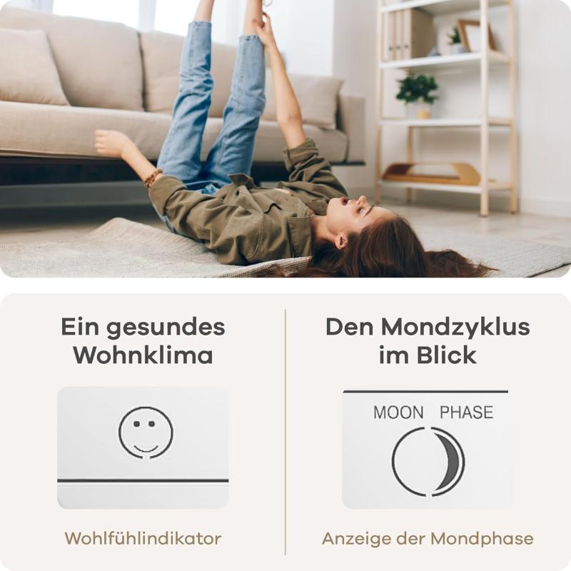 MEBUS funkgesteuerte Wetterstation mit Außensensor, Thermometer/Hygrometer, Funkuhr, Wohlfühlindikator Raumklima, Wettervorhersage mit Symbolen, Mondkalender, Wecker, Farbe: Schwarz