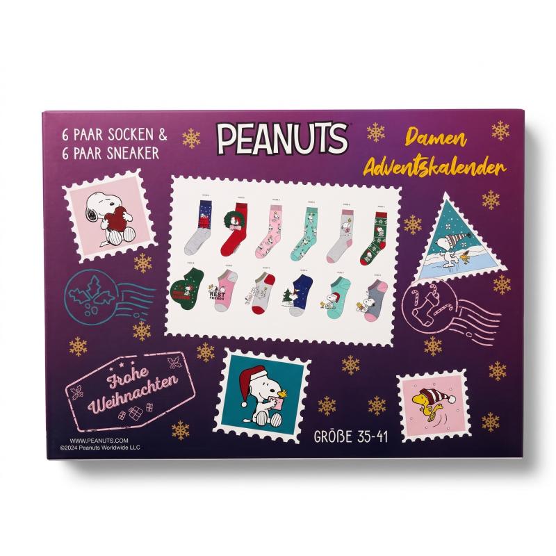 PEANUTS - DAMEN Adventskalender 12 Paar Socken 35-41 ( 6 Paar Socken & 6 Paar Sneaker ) Style - LILA